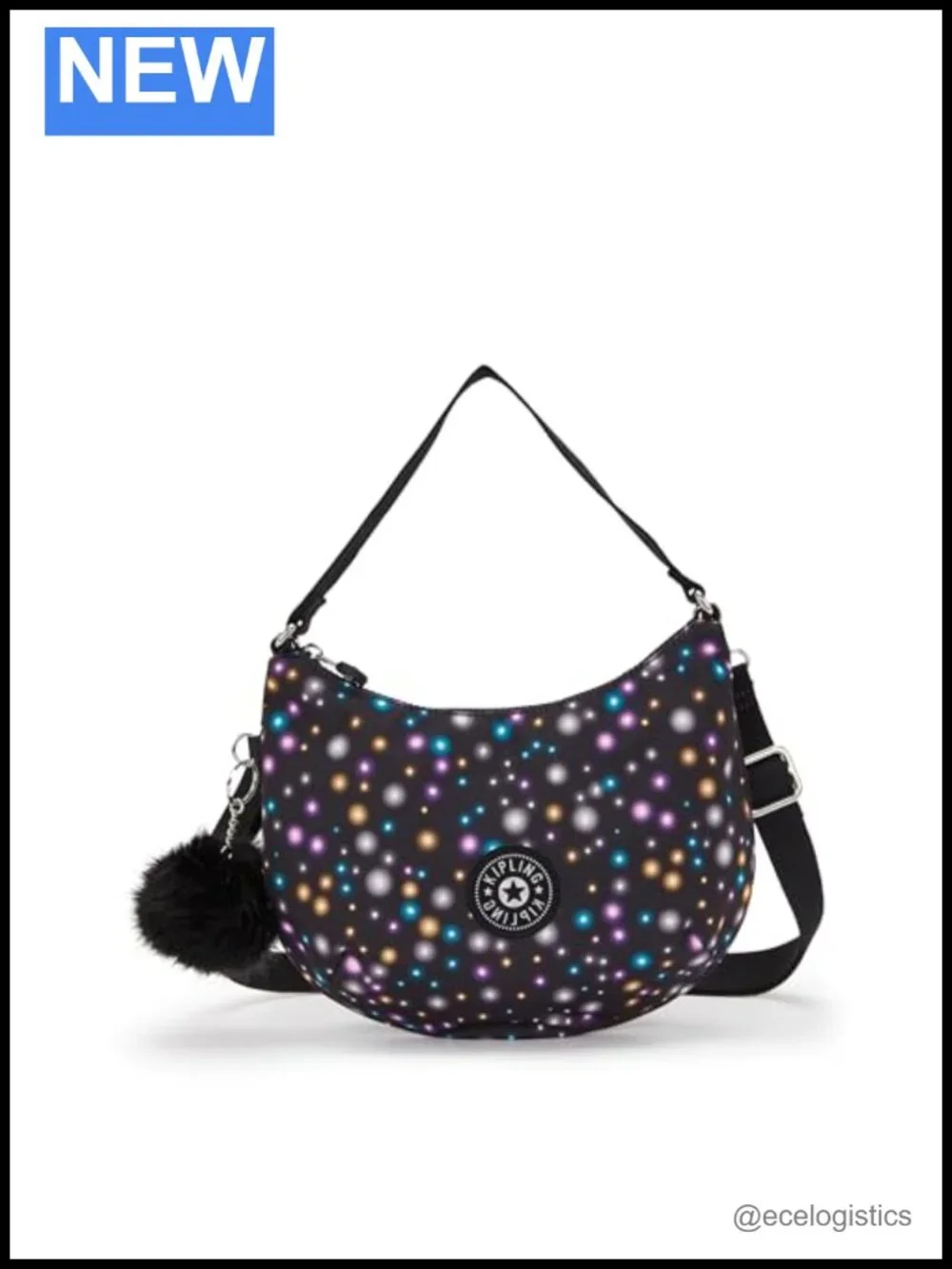 Nylon Shoulder Bag with Polka Dot Pattern, Zip Closure, 2 Compartments